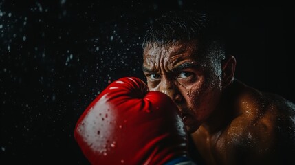 Determined boxer training intensely in a dimly lit gym with sweat beads adding intensity