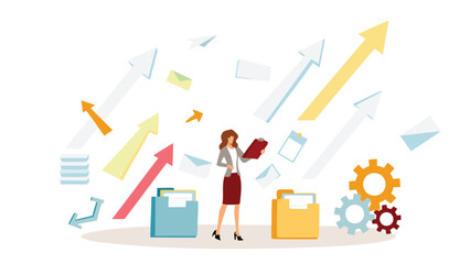 Businesswoman with clipboard surrounded by arrows, folders, gears, and floating documents on white background