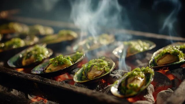 Close up view of mussels grilling on a charcoal grill, seasoned with fresh herbs, emitting steam. Dark background, warm lighting.