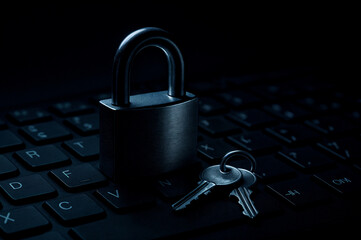 Metal padlock and keys placed on a computer keyboard, symbolizing cybersecurity