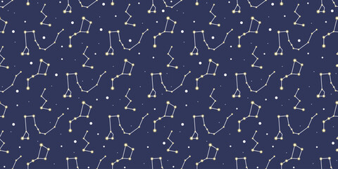 Constellations in the night sky seamless pattern. Dark background with sparkling stars. Starry universe print for textiles, packaging, wallpaper, vector graphics