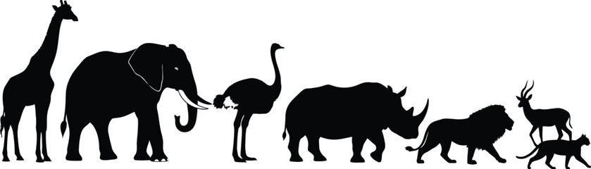 Fototapeta premium Silhouette illustration of a giraffe elephant ostrich rhino lion antelope and a feline animal group