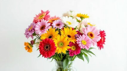 Beautiful mixed gerbera daisy bouquet in a vase isolated on white background