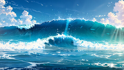 Obraz premium Majestic Ocean Wave Breaks Under a Bright Sunny Sky with Dramatic Light Rays and Wispy Clouds