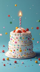 Colorful birthday cake with fresh strawberries and a lit candle surrounded by festive decorations