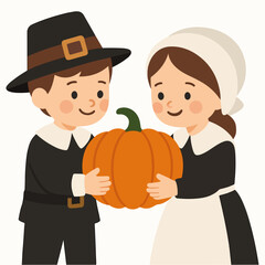 Pilgrim children holding pumpkin thanksgiving harvest autumn