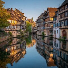 Naklejka premium A picturesque scene featuring historic buildings lining a calm canal, reflecting in the water