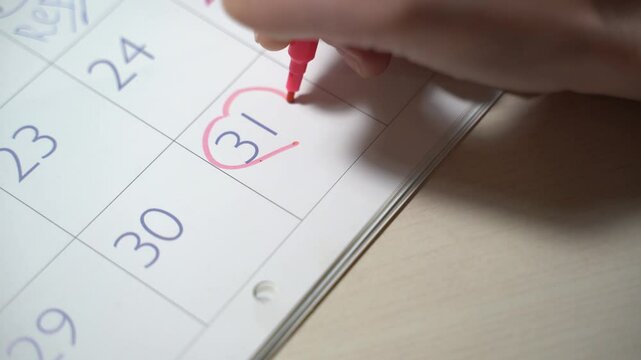 Female hand marking dates on calendar planning birth control