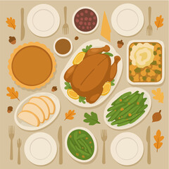 Thanksgiving feast flat lay with autumn leaves and tableware