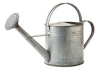 A gray metal watering can with a sprinkler head isolated on transparent background