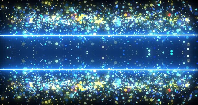 Gold horizontal stripes forming a banner with empty space to write messages 4K. Festive season magical fantasy lik shining glitter dust particles. Glowing circles frame for holiday celebration wishes.