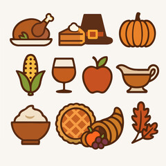 Thanksgiving feast icons: turkey, pie, pumpkin, corn, apple