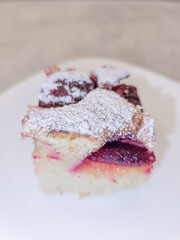 Delicious plum cake with powdered sugar topping