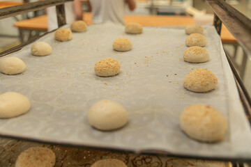 Burger buns placed in the tray and ready to be stuffed in the bakery oven.