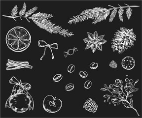 Rustic Christmas Ingredient Vector Collection – Vintage Style Sketches of Spice, Fruit, Herbs and Seasonal Plants on Black Background for Menu or Packaging