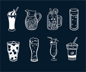 Line Art Beverage Vector Collection – Refreshing Summer Drinks Like Smoothies, Lemonade, Iced Tea, and Soda in Doodle Style for Café or Bar Illustration