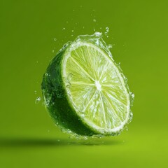 A refreshing half lime bursting with water drops on a green background
