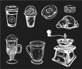 Chalkboard Style Coffee and Pastry Vector Set – Hand-Drawn Croissant, Donut, Macaron, Coffee Cups, and Grinder for Café Menu and Retro Bakery Design