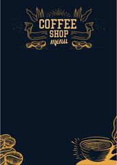 Elegant Coffee Shop Menu Template – Hand-Drawn Vintage Style Coffee Beans and Cup Illustration on Dark Background for Café Branding and Print