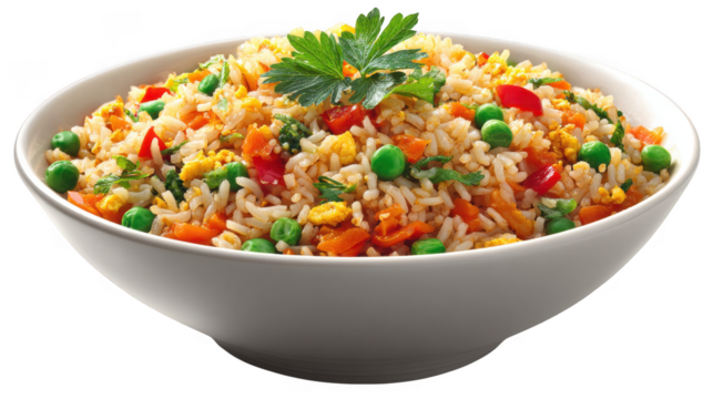 Bowl filled with colorful fried rice on transparent background - Powered by Adobe