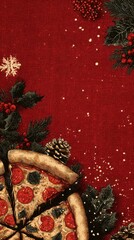 Festive pizza design with holiday decorations on a red background featuring pepperoni and greenery