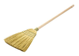 A straw broom with a wooden handle isolated on transparent background