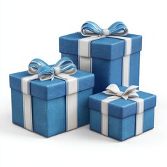 Three beautifully wrapped blue gift boxes, each adorned with a white ribbon and bow. The gifts are stacked together, implying a festive occasion and generosity. 