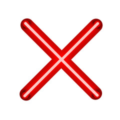 Glowing neon red “X” symbol representing error, wrong, or cancel isolated on white or transparent background. PNG format.