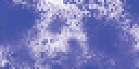 Pixelated cloudscape abstract illustration featuring a deep blue sky and white pixelated forms creating a modern atmospheric design