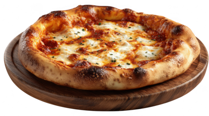 Fresh pizza on wooden serving platter top on transparent background