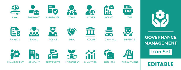 Governance Management Icon Set. Features icons of policy, leadership, compliance, structure, rules, and strategy. Perfect for corporate, legal, and organizational use.