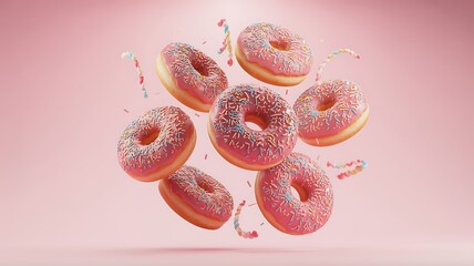 Photo of pink donuts with sprinkles float against a pastel pink background