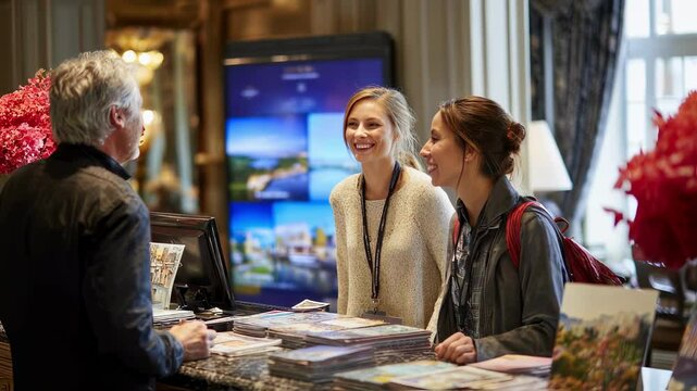A bustling hotel front desk scene where a couple eagerly discusses their upcoming holiday with an attentive receptionist. The desk is surrounded by plush d&Atilde;&fnof;&Acirc;&copy;cor and stylish brochures