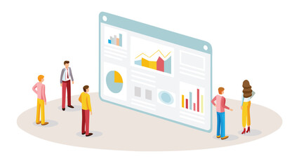 Obraz premium Isometric view of people analyzing data presented on a large digital dashboard interface display panel