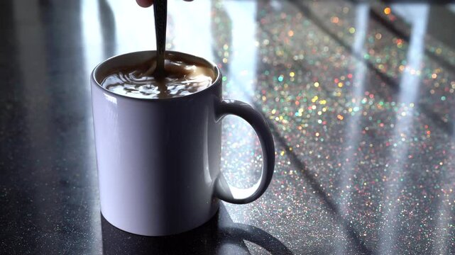 Stirring black tea in a cup. Slow motion shot