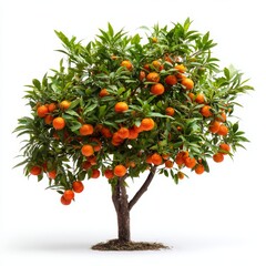 Orange tree laden with ripe oranges against a white background. The tree is small, suggesting it may be a dwarf variety, and the oranges are vibrant and plentiful.
