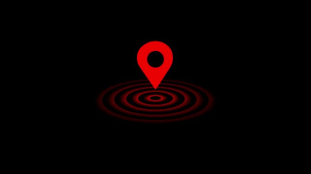 GPS location pin icon with radio wave animation, Location symbol, Animation map pin in red color or black background .