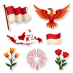 Obraz premium Indonesian Independence Day Symbol Collection with Fireworks and Flowers, GARUDA.