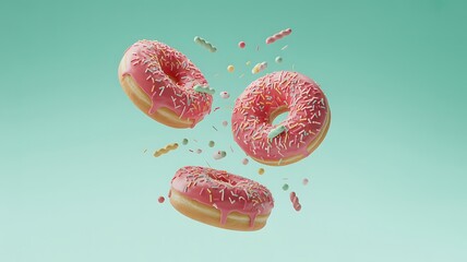 Photo of three pink donuts with sprinkles float in the air against a light blue background