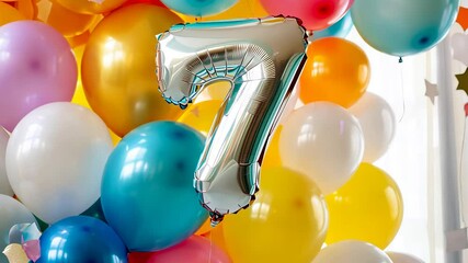 Colorful celebration with number seven balloon amid multicolor party balloons - Powered by Adobe