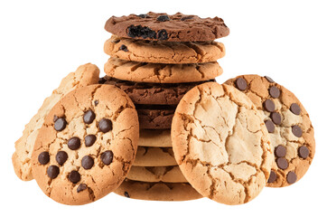 Assorted Chocolate Chip Cookies Stack on Transparent Background for Food Marketing, Bakery Advertising, and Digital Menu Design
