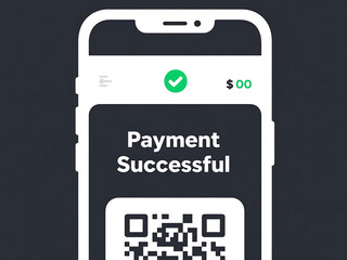 Successful payment display on mobile phone with check mark and QR code displayed for user transaction.