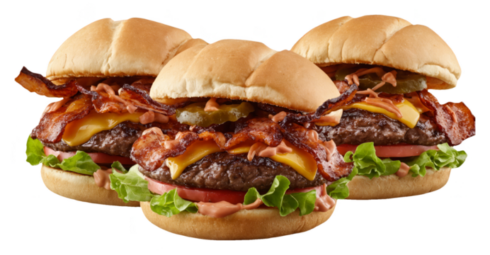 BBQ Bacon Cheeseburger Trio – Juicy Beef Patties with Melted Cheese and Crispy Bacon on Transparent Background for Menu Designs, Food Delivery Apps, and Restaurant Marketing