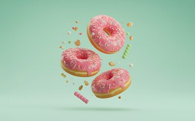 Photo of three pink donuts with sprinkles are floating and rotating against a light teal background