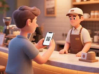 Paying with QR code in a modern cafe, showcasing digital payment technology and customer experience with a friendly barista.