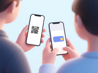 Modern transaction depicted by a person holding a mobile phone with a QR code for digital payments