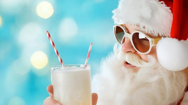 Festive santa enjoying a milkshake in holiday cheer with bright bokeh background