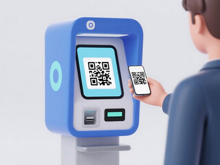 Person scans QR code on digital kiosk with mobile for contactless payment and efficient digital interaction.