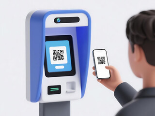 Scanning QR code on a kiosk with a mobile phone, showcasing digital payment technology for modern business operations.