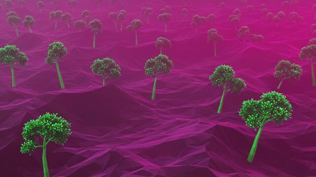 Surreal Landscape with Green Trees Emerging from Pink Wavy Terrain